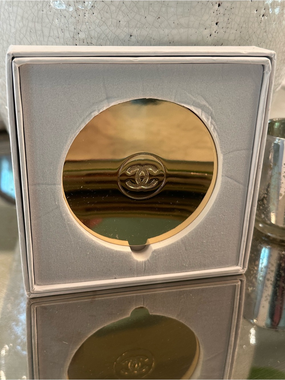 CHANEL Gold Mirrored Decorative Compact Accent